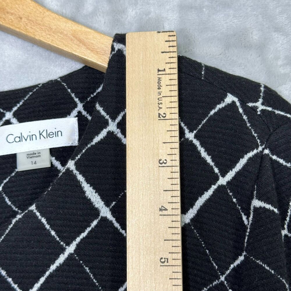 Calvin Klein Dress Womens 14 Black White Plaid Shift 3/4 Bell Sleeve Stretch - Picture 8 of 9